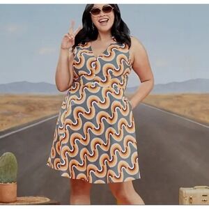 ModCloth Mod Well Rainbow Retro Swirl Print V Neck Sleeveless Dress Size 18